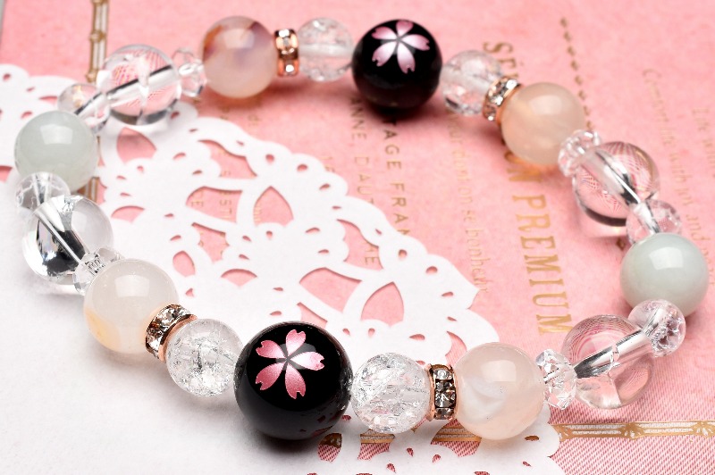 優美な桜のお守りブレス 桜瑪瑙×ビルマ翡翠当店オリジナルデザイン ブレスレット _A1200