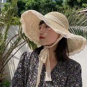 キャペリン女性麦わら帽子韓国夏薄型透気レースレース透かし彫り防風ロープハット
