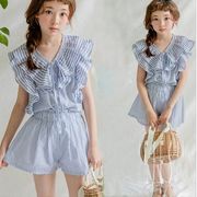 子供服 女の子 大人気 ２点セットおしゃれお嬢様風 ボーダー柄 スカラップTシャツ
