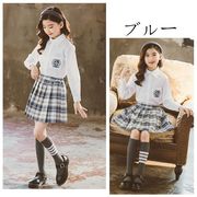 韓国子供服 スーツ フォーマル 2点セット新作 キッズ 女の子 シャツ+チェック柄スカート 長袖