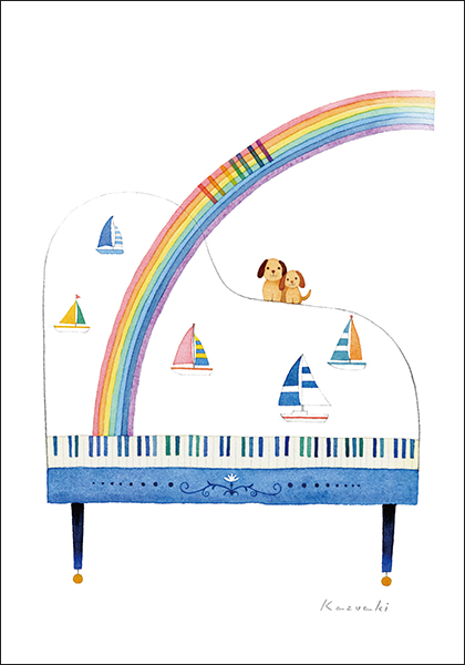 ポストカード イラスト 山田和明「二人の夏」105×150mm 犬 動物 ピアノ 郵便はがき
