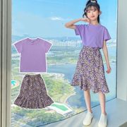 韓国子供服 女の子 セットアップ 新作 夏服丸首 半袖 Tシャツ+ 花柄スカート 2点セット キッズ