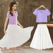 韓国子供服 女の子 セットアップ お洒落 上下セット Vネック半袖 Tシャツ + スカート