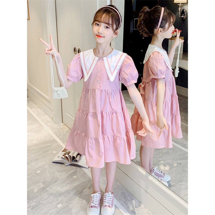 子供服 ワンピース ピンク 160 韓国子ども服 キッズ 女の子 夏 半袖ワンピース 折り襟 フレア