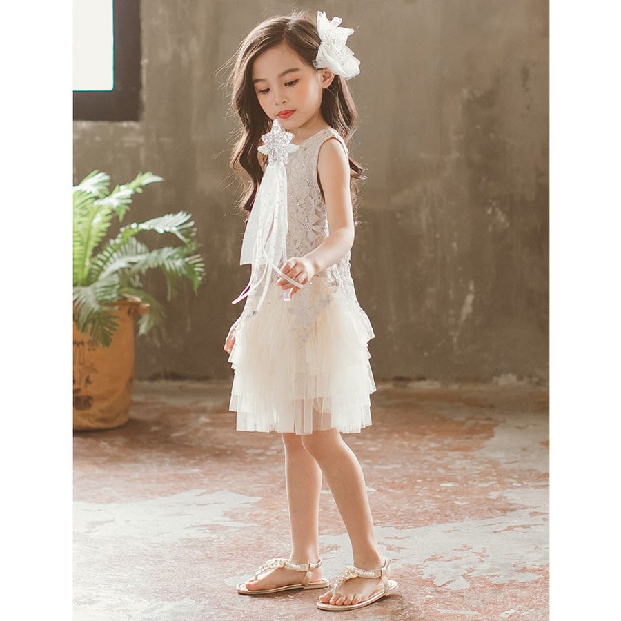 韓国子供服 ワンピース 夏 子供ドレス 膝丈 レースワンピース チュールスカート ノースリーブ