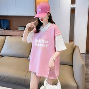 【予約220449】大きいサイズ春夏新作 韓国 レディース ファッション パッチワーク Tシャツ ワンピースLL-4L