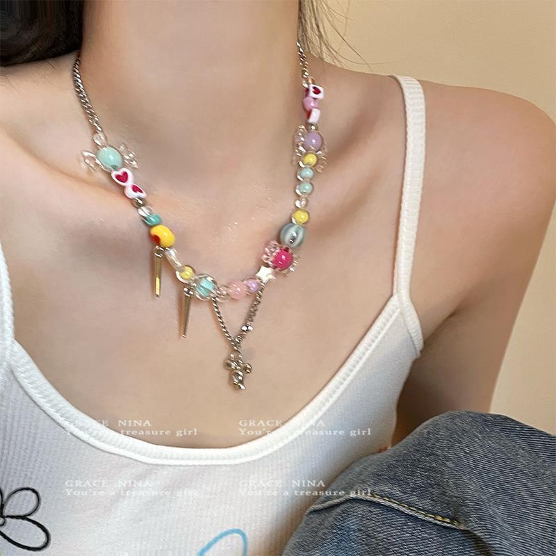ビジュー ネックレス 多色 カラフルなビーズのネックレス ドーパミンスタイル 夏の