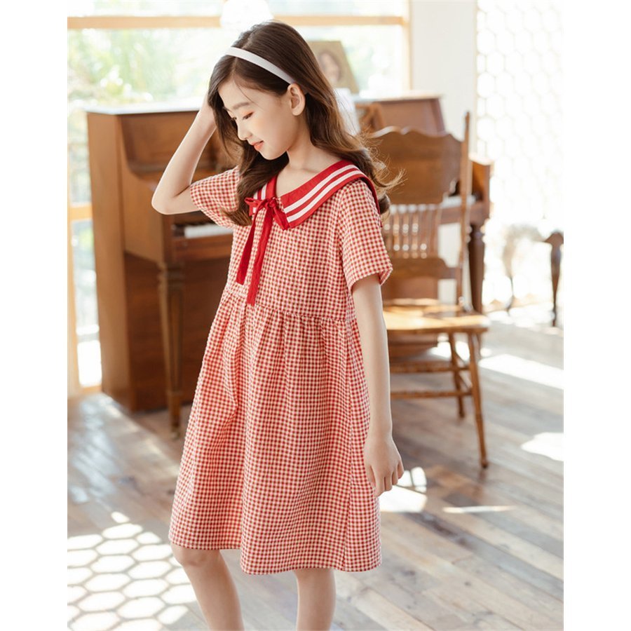 子供服 ワンピース 160 韓国子ども服 キッズ 女の子 夏服 半袖ワンピース チェック柄 折り襟