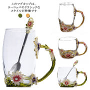 マグカップ ガラス カップ 彫刻 菊 箱入り 花柄 スプーン付き 耐熱ガラス 320ml