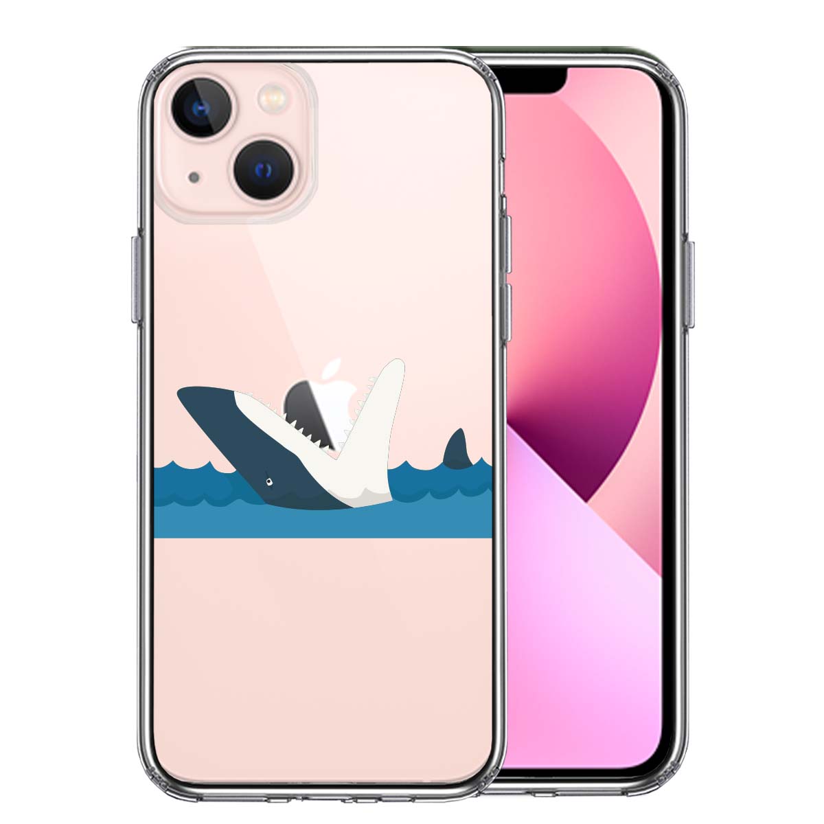iPhone13mini 側面ソフト 背面ハード ハイブリッド クリア ケース 鮫 サメ りんご パックン
