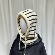 レディース帽子　ニットキャップ　バラクラバフードウォーマー　ボーダー柄　韓国ファッション　秋冬