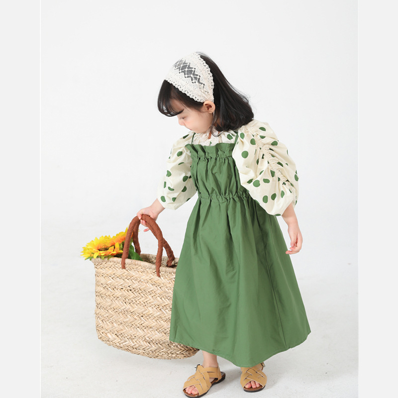 女の子の春服 ドレス 韓国の子供服 子供用シャツサスペンダースカートツーピースセット
