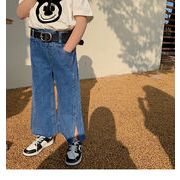 女の子のジーンズ 新しい春 子供のワイドレッグスリットパンツ ファッションデニムパンツ+ベルト