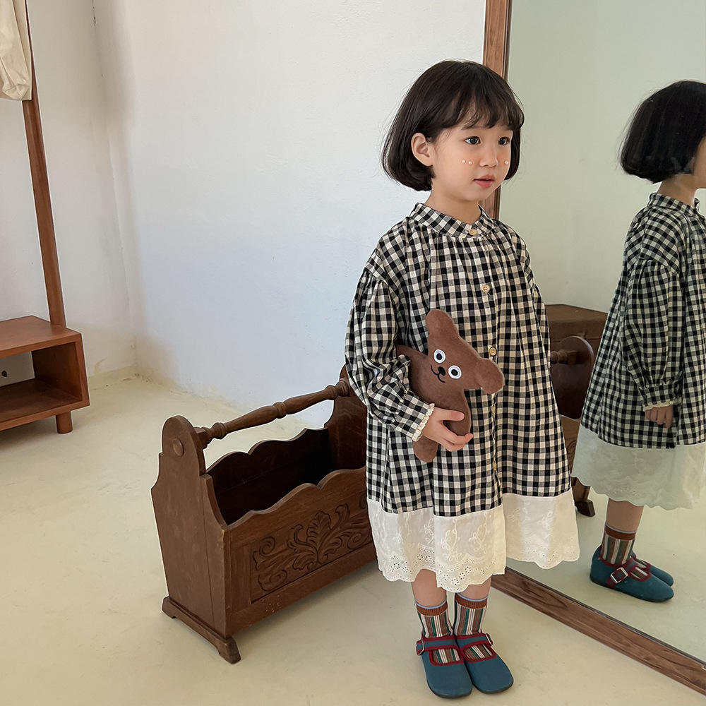 韓国の子供服 春の女の子の格子縞のレースのドレス 子供のスカート