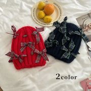 ニットキャップ　帽子　リボン付き　レディース　韓国ファッション　デザイン　秋冬　2colors