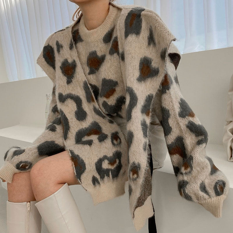 トップス セーター ニット 毛糸 クルーネック 豹柄 ゆったりめ 韓国ファッション