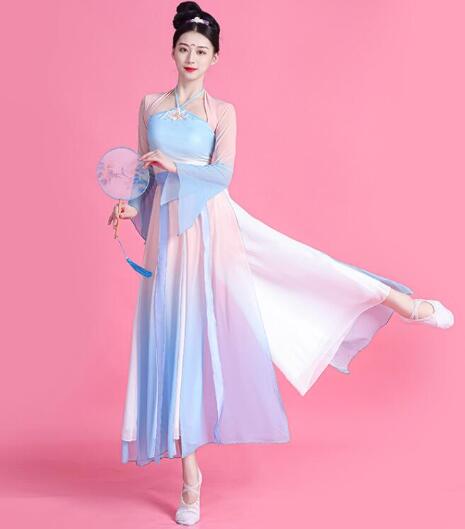 レディース グラデーション中国古典舞踊ダンス衣装2点セット 民族風 ワンピース ワイドパンツ