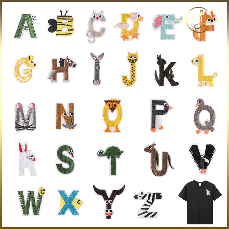 26文字  動物アルファベット 刺繍ワッペン アイロンワッペン アップリケ アイロン接着 ハンドメイド
