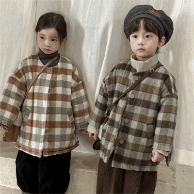 秋冬 ユニセックス ナチュラル系 韓国風子供服 チェック柄 ジャケット 綿入れ キルティング 80-140