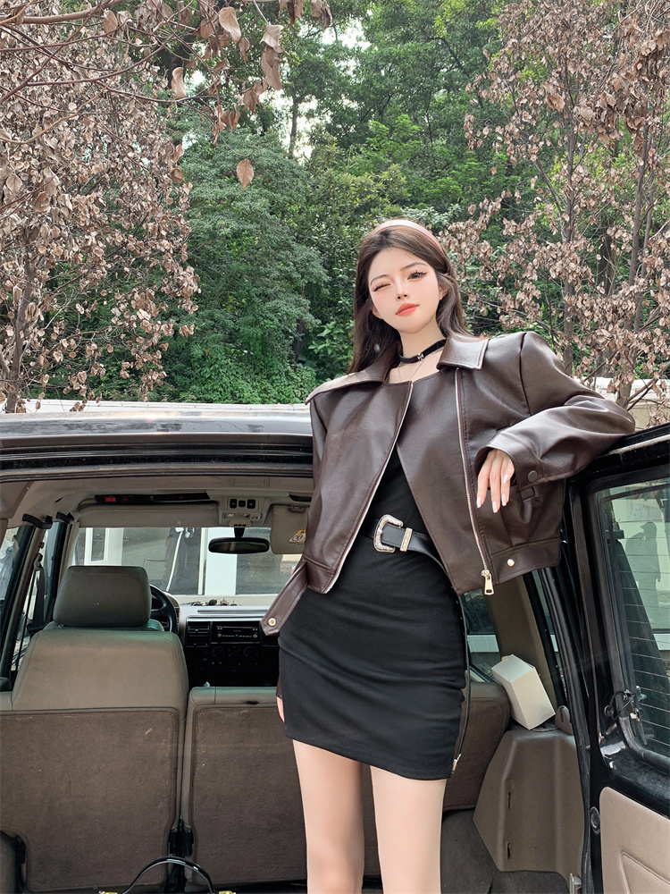 独特の存在感 韓国ファッション 革 ライダース 早秋 短いスタイル ジャンパー ショートコート スリム