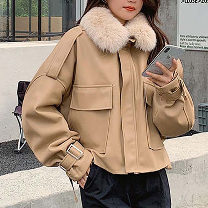 【2023冬新作】韓国風レディース服　冬　高品質　エレガント　裏ボア　レザージャケット　アウター