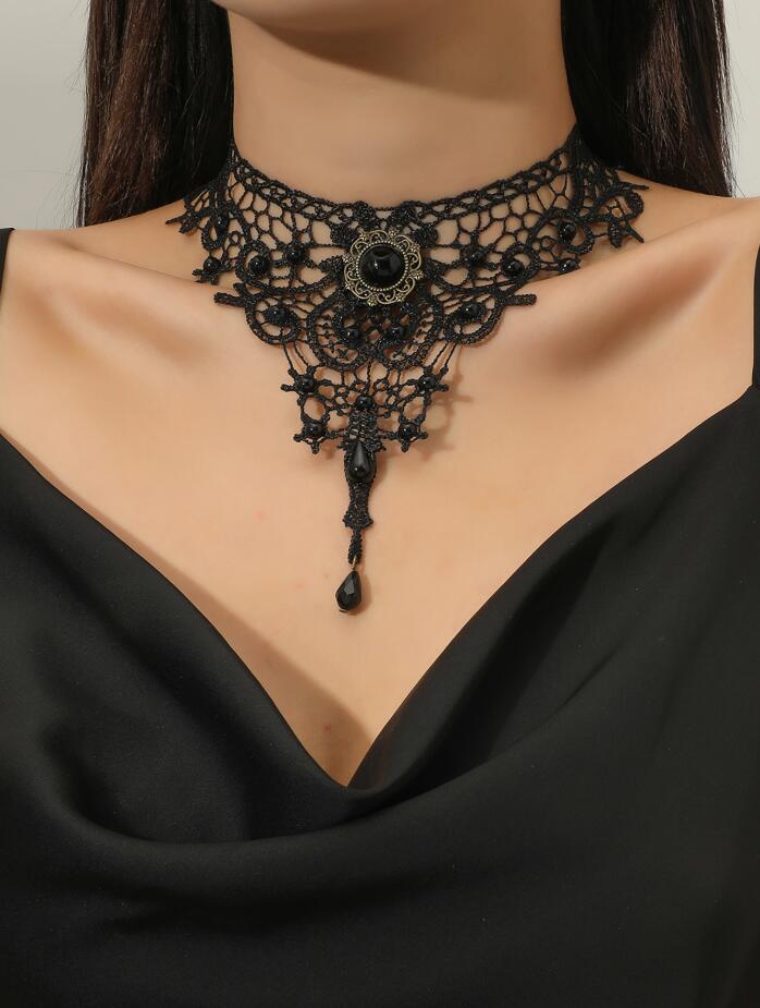 レディースネックレス 鎖骨ネックレス 黒いネックレス  偽襟アクセサリー