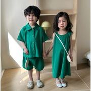 2024 ins 韓国風子供服  ベビー服  グリーン  ワンピース or  セットアップ  シャツ+ショートパンツ