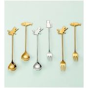 猫と魚 304 ステンレス鋼のフォークとスプーン  丸ハンドルスプーン コーヒー撹拌スプーン