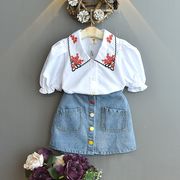 夏新作 子供服 女の子 韓国ファッション 刺繍半袖シャツ デニムスカート 2点セット