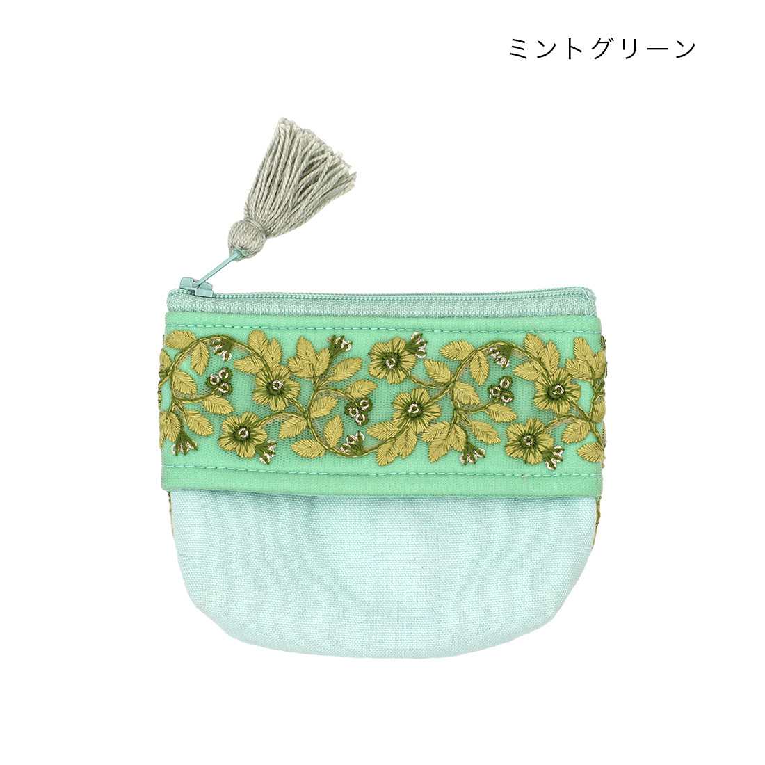 ポケットティッシュケース・ライトミントりぼん柄綿 インド刺繍リボン ティッシュケース付ポーチ[花柄サリーポケット