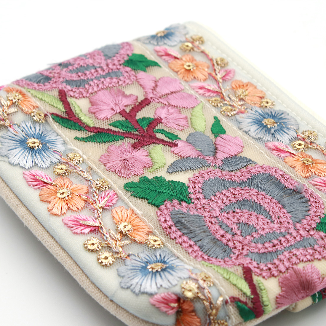 インド刺繍リボン ティッシュケース付ポーチ[花柄サリーポケット