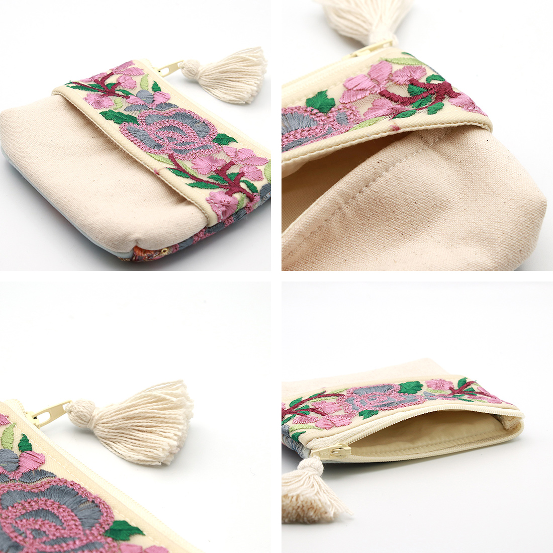 インド刺繍リボン ティッシュケース付ポーチ[花柄サリーポケット