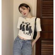 レディースアパレル 半袖Tシャツ  短いTシャツ 可愛い 猫柄トップス 夏服  へそ出し 猫の雑貨屋さん