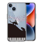 iPhone14 側面ソフト 背面ハード ハイブリッド クリア ケース ピアノ シルエット猫 ブラック