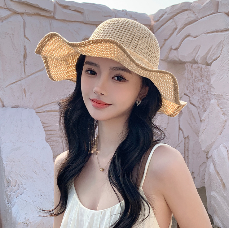 女性のフリルリボン付き日焼け止めキャップ旅行に最適なサンバイザー春夏の新作リゾート風麦わら帽子