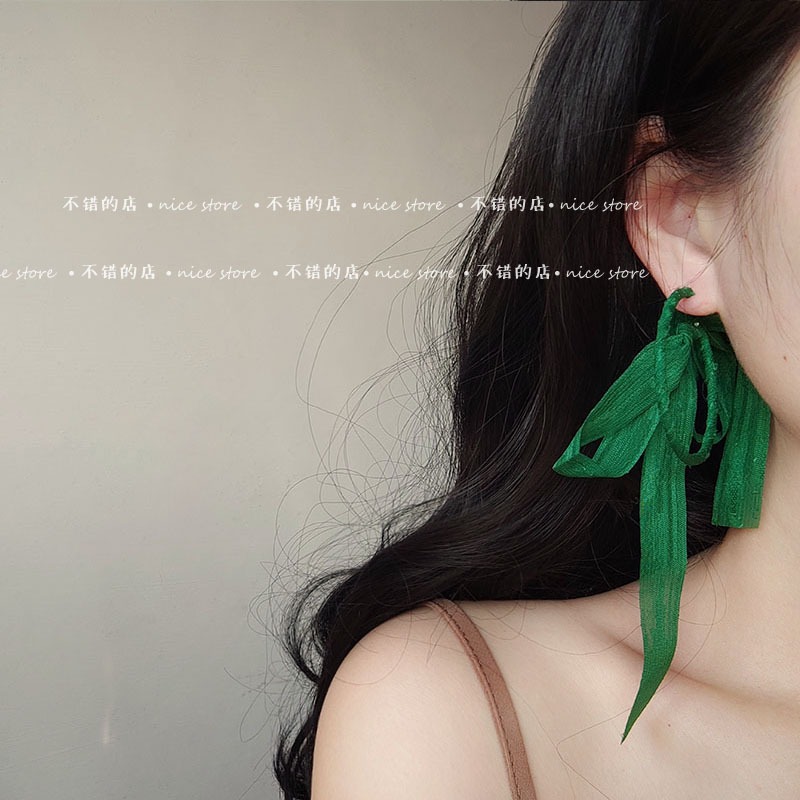 s925 春夏の新作 緑色 リボンピアス フープイヤリング 韓国