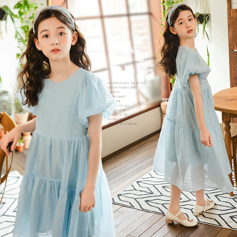 ガールズドレス 夏の子供服  フレンチパフスリーブスカート  新しい2024  ファッションプリンセスドレス