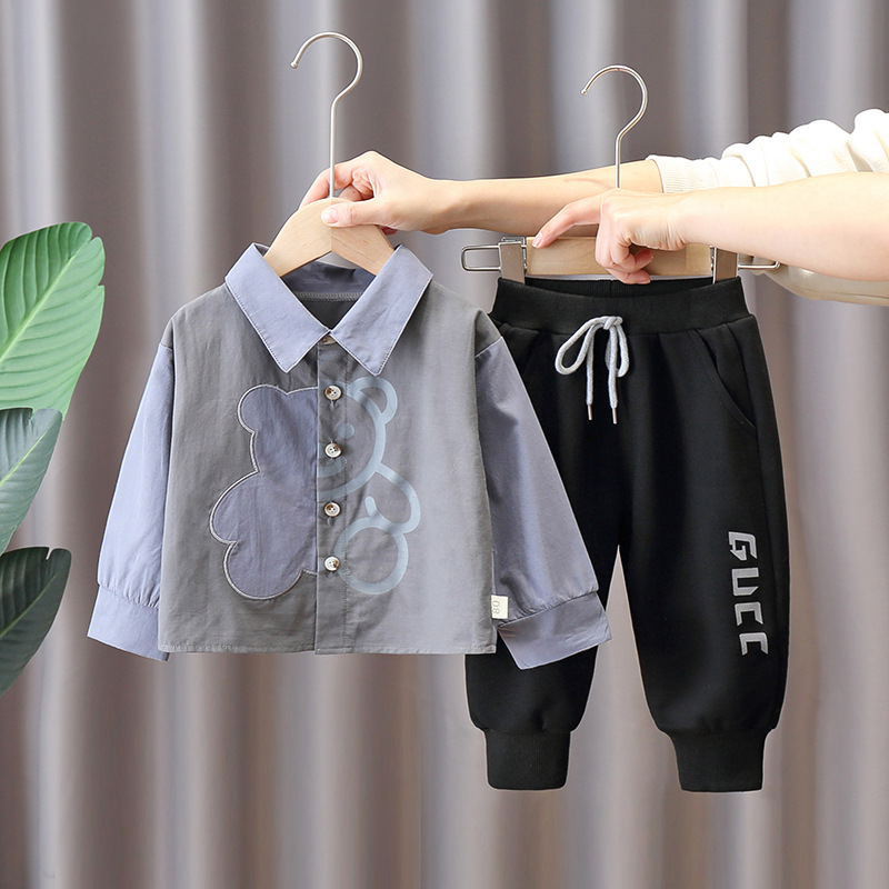 ボーイズシャツセット、春秋子供服、韓国風、長袖シャツ、ズボン、2点セット