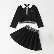 ガールズブラックスカートスーツ、ラペルトップ、ジップアップシャツ、2点セット、韓国風子供服