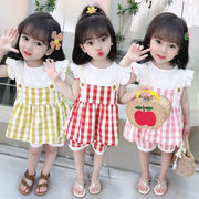 女の子、夏服、韓国風子供服、チェック柄半袖、ショートパンツ、 2点セット