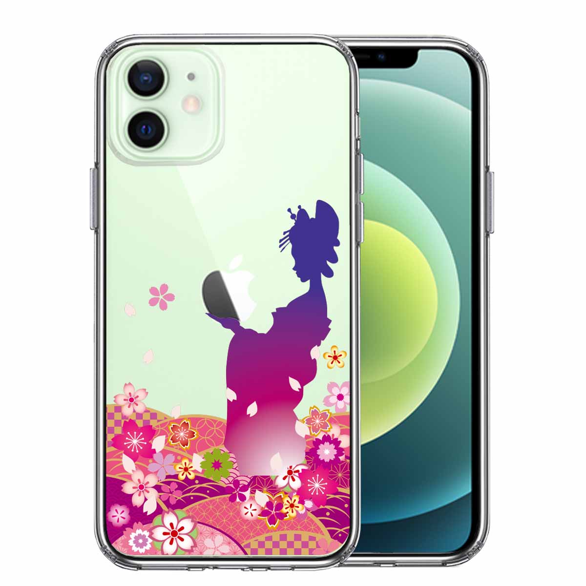 iPhone12 側面ソフト 背面ハード ハイブリッド クリア ケース 日本女性 着物少女 青紫