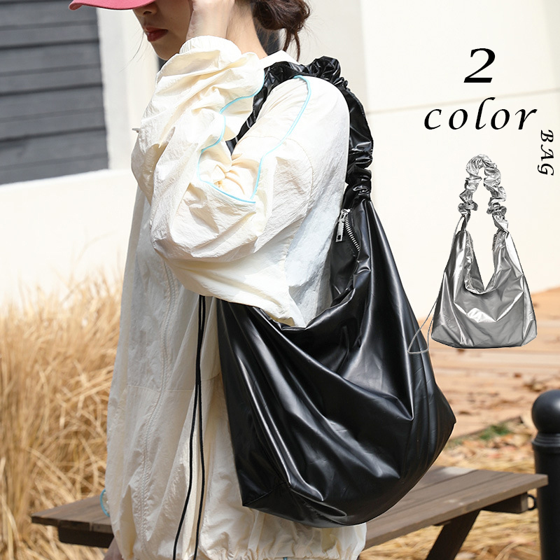 シャーリングトートバッグ　バッグ　鞄　大容量　レディース　韓国ファッション