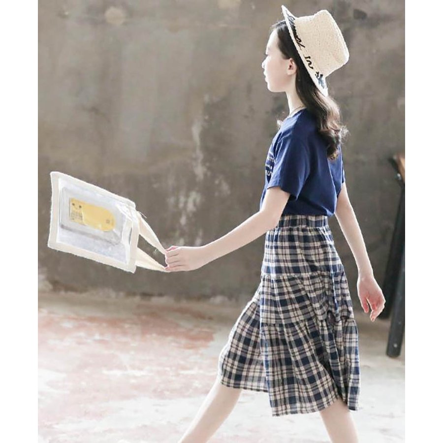 韓国子供服 2点セット 春夏 Tシャツ+スカート綿 半袖   スカート 切り替え アップ ゆったり カジュアル