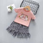 子供服新作漫画ファッションTシャツチェック柄ショーツツーピースセット