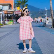 韓国子供服 ワンピース 夏 子供ドレス ロング丈 コットン チェック柄 半袖 女の子 リゾート おしゃれ