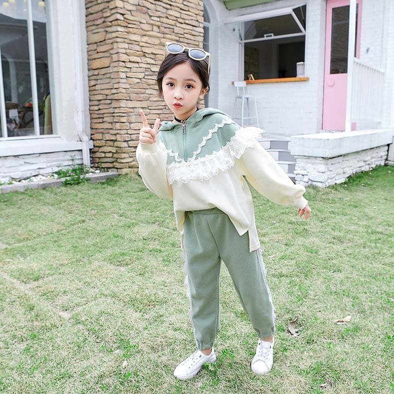 韓国子供服 ２点セット パーカー ズボン 春秋 コットン フード付き レース 長袖 カジュアル 女の子