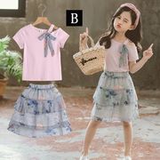 韓国子供服 ２点セット 夏 花柄 tシャツ スカート プリント 半袖 薄手 カジュアル リゾート セットアップ