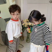 ストライプスウェットシャツ、韓国風長袖シャツ、2024年子供用長袖Tシャツ