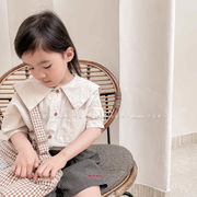 2024年韓国子供服、女の子用サマーシャツ、刺繍入りリネンコットン半袖シャツ、セーラーシャツ