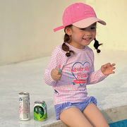 韓国の子供用水着、ガールズ2024新しい女の赤ちゃん長袖チェック柄水着、日焼け止め+ショーツスーツ水着